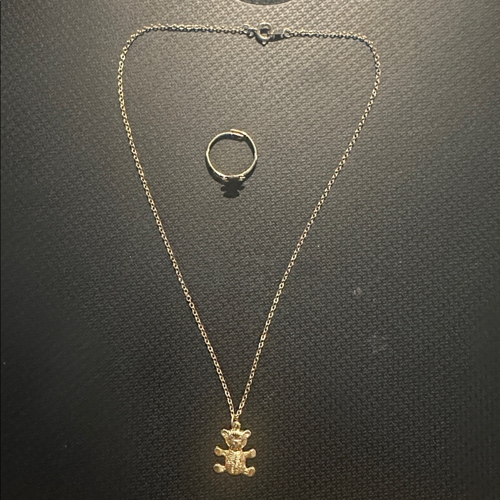 Teddy Bear Initial M Gold Tone Necklace with Adjustable Teddy Bear Ring